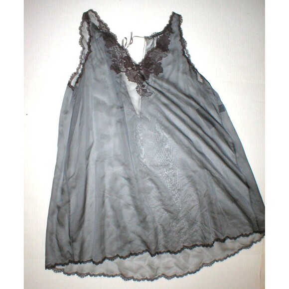NWT New Designer Josie Natori Silk Womens Sheer Gown Chemise S Gray Lace Trim - Picture 1 of 5